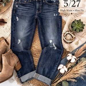 Studio Blue High Waist Slim Fit Dark Distressed Stretch Denim Cuffed Hem Size 27